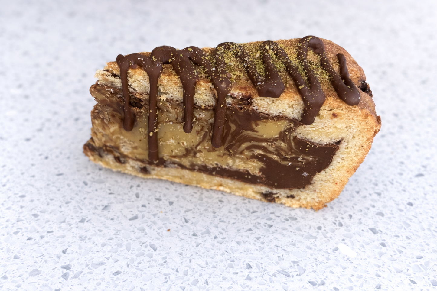 Dubai style pistachio cream cookie pie slice